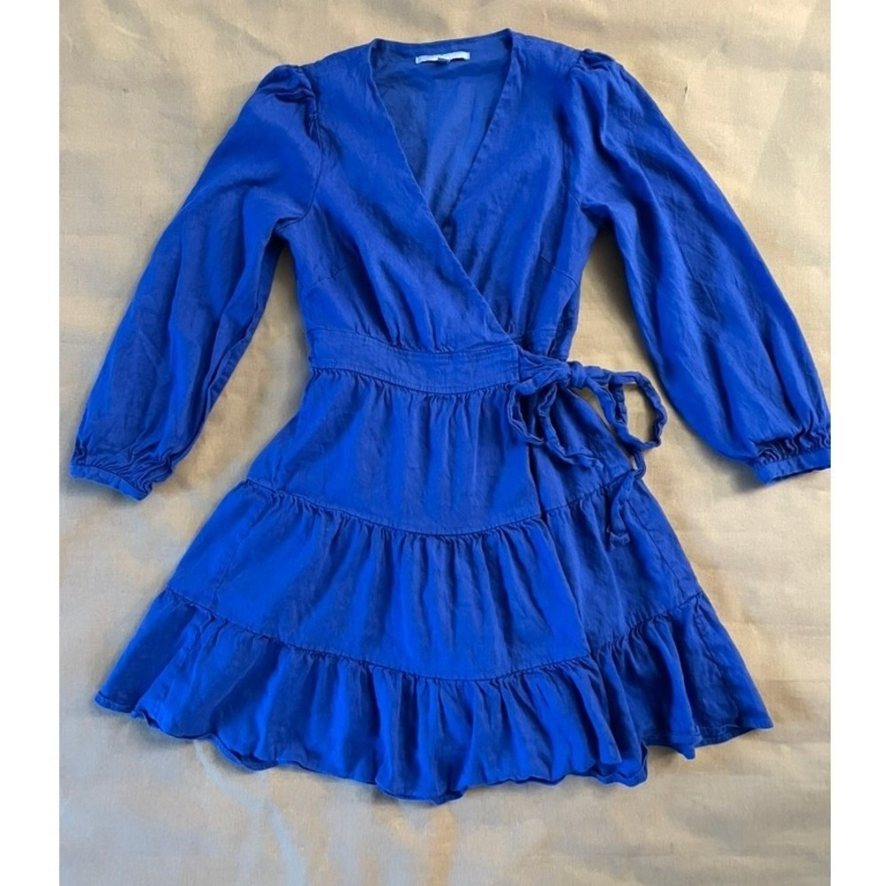 Antonio Melani Royal Blue Linen Wrap Dress Sz 4 Tiered Long Sleeve